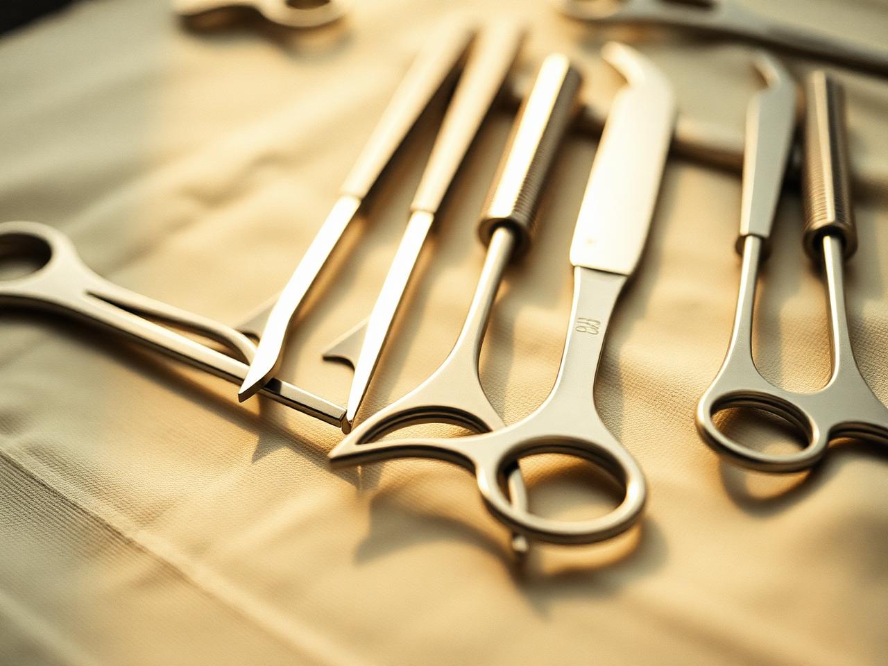 Sterile surgical instruments laid out in a row on a cloth
